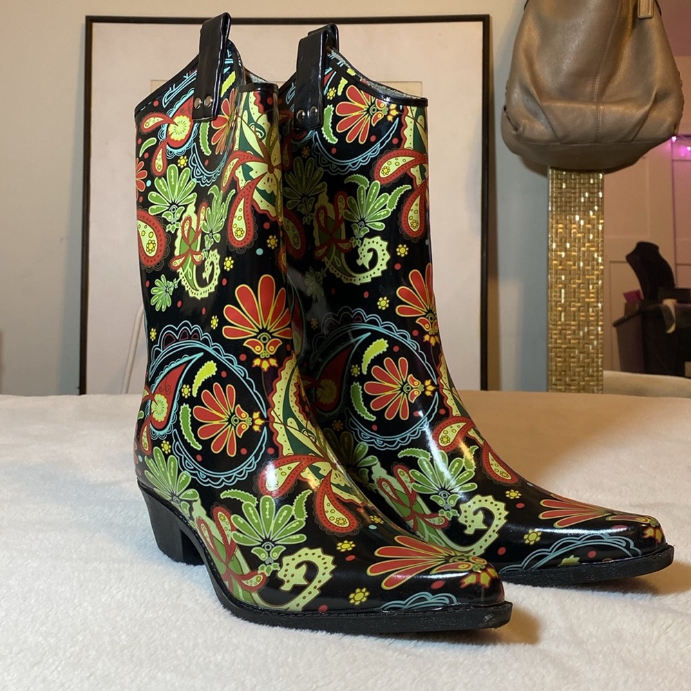 Nomad Black Floral Paisley Rain Boots with Multicolor Accents